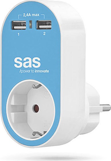 SAS ΓΑΛΑΖΙΟΣ ΑΝΤΑΠΤΟΡΑΣ 1x ΣΟΥΚΟ + 2x USB, 2.4A - SAS 100-15-127